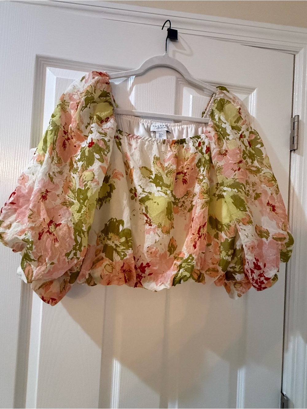 Calypso St. Barth Floral Puff-Sleeve Crop Top in Pink, Green & Cream